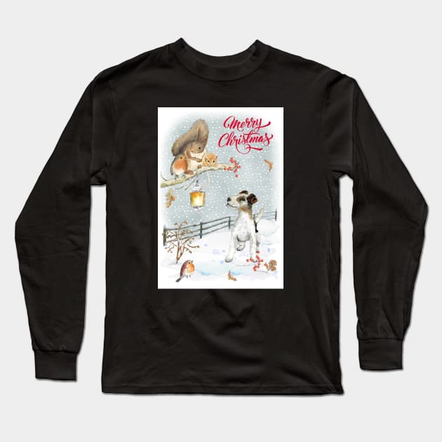 Wire Fox Terrier Merry Christmas Santa Dog Long Sleeve T-Shirt by Puppy Eyes